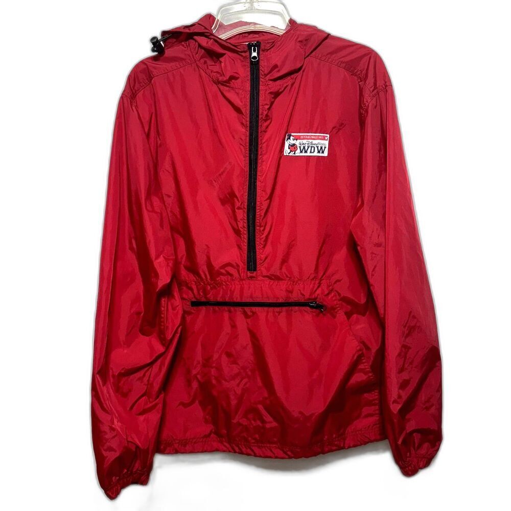 Vintage Disney World Windbreaker Half Zip Rain Jacket Packable Hood Red sz Small
